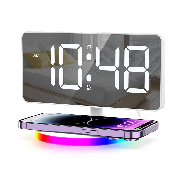 TS-3001X-B Mirror Surface Digital LED Clock 15W Phone Wireless Charger RGB Night Light - White - Image 3