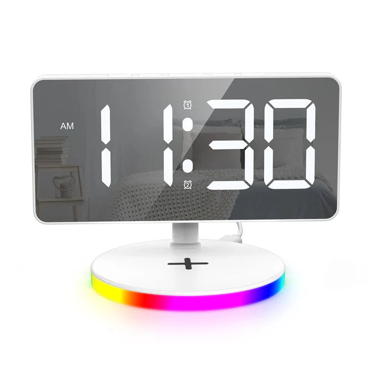 TS-3001X-B Mirror Surface Digital LED Clock 15W Phone Wireless Charger RGB Night Light - White - Image 4