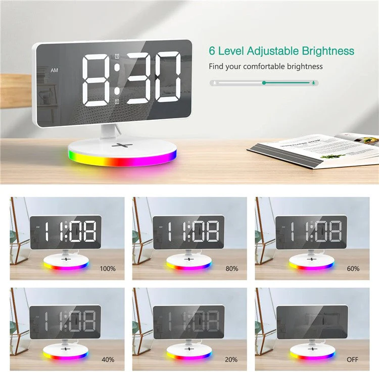 TS-3001X-B Mirror Surface Digital LED Clock 15W Phone Wireless Charger RGB Night Light - White - Image 5