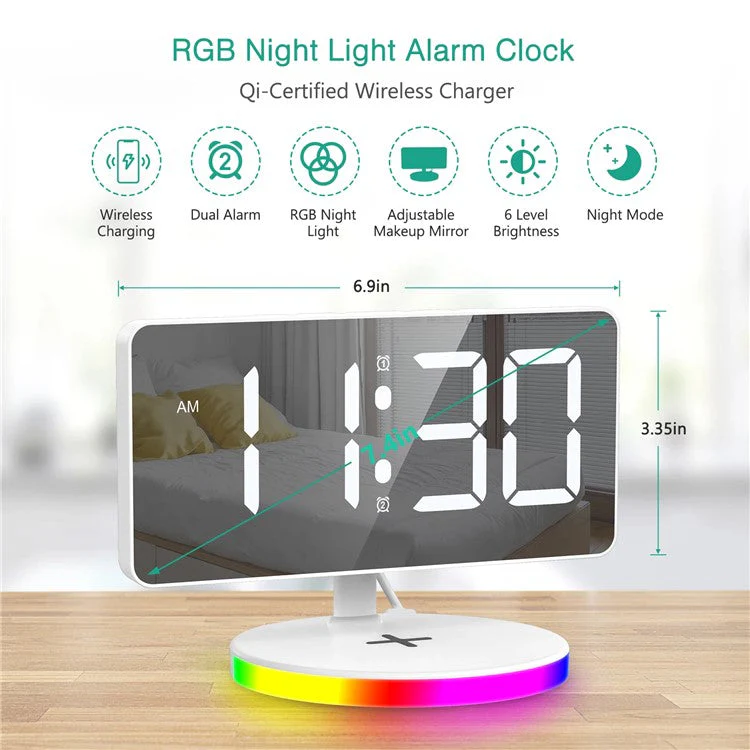 TS-3001X-B Mirror Surface Digital LED Clock 15W Phone Wireless Charger RGB Night Light - White - Image 7
