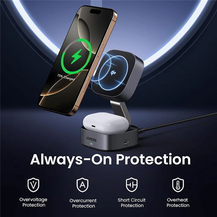 UGREEN Qi2 Magnetic Foldable 2-in-1 Fast Wireless Charger 15W Charging Stand For iPhone 16  /  15  /  14 Airpods Pro - Image 8