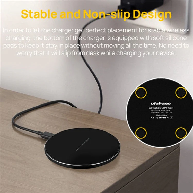 ULEFONE UF005 Round Wireless Charger 15W Max Fast Wireless Charging Pad 6.5mm Ultra-thin Compact Phone Charger - Image 4
