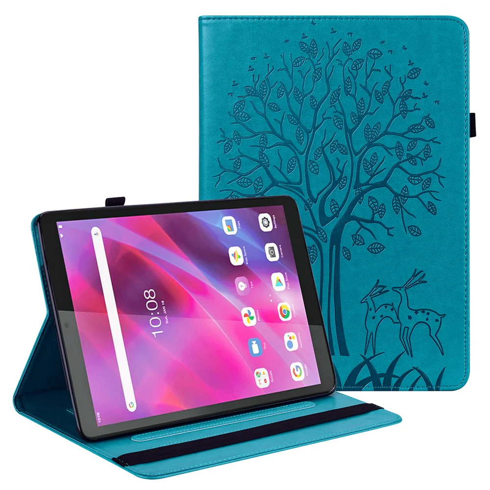 Unique Tree and Deer Pattern Imprinting Smooth Leather Stand Tablet Cover with Card Holders for Lenovo Tab M10 HD Gen 2 X306X - Blue