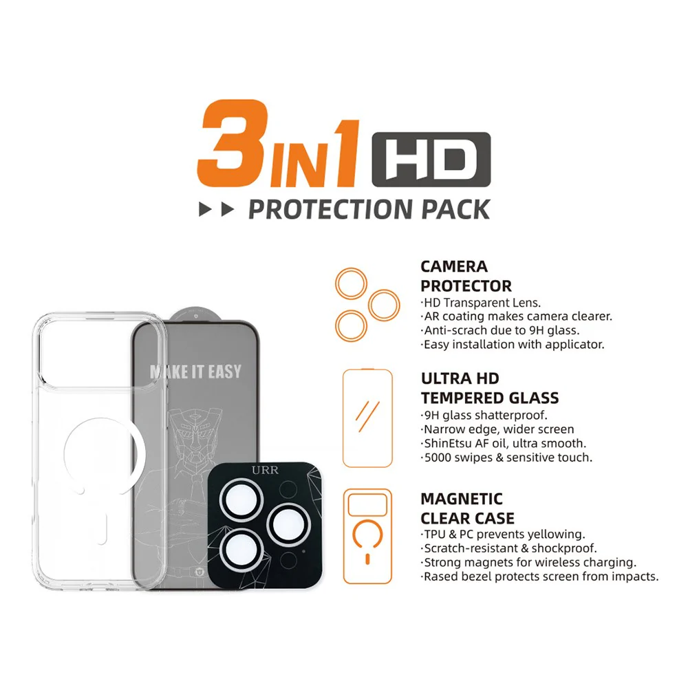 URR For iPhone 17 Pro Max Magnetic Case TPU + PC Clear Phone Cover with Screen Protector + Lens Film - Image 2