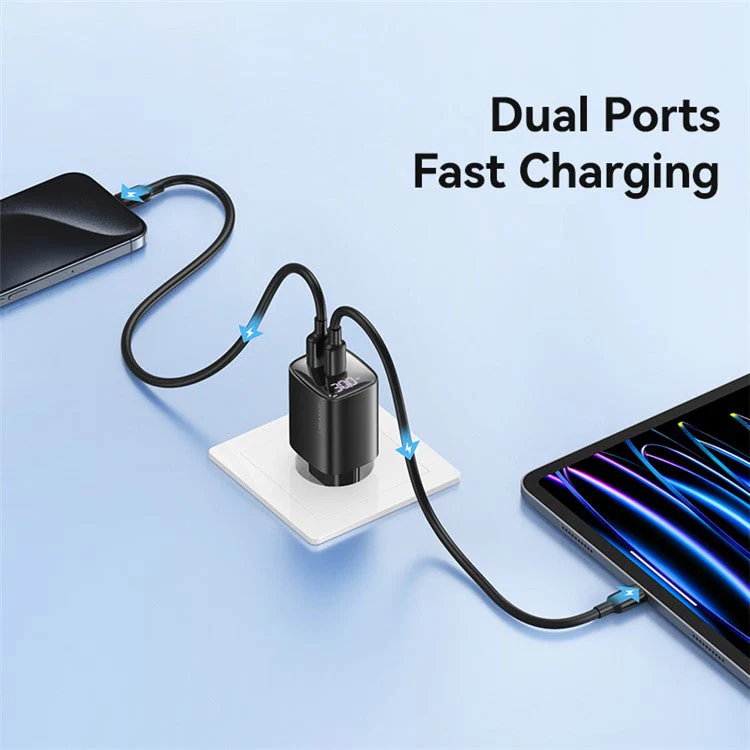 USAMS CC229 30W GaN Adapter USB-C+USB-C Dual Port Charger Block Real-Time Digital Display, EU Plug - Black - Image 5