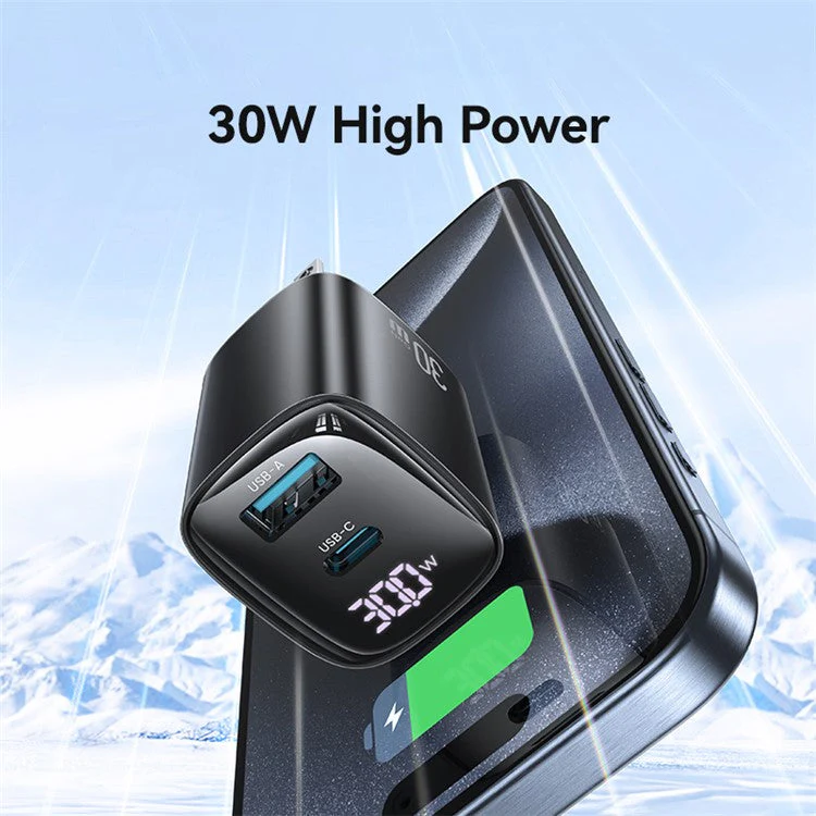 USAMS CC230 30W Fast Charging GaN Adapter USB-C+USB-C Dual Port Wall Charger Power Display, US Plug - White - Image 5