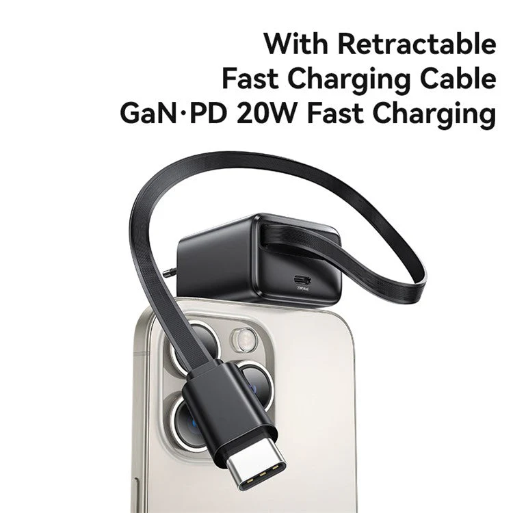 USAMS CC233 20W GaN Charger PD3.0+QC3.0 Fast Charging Adapter with Retractable Type-C Cable, EU Plug - White - Image 2