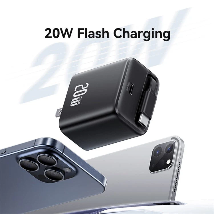 USAMS CC235 GaN Charger 20W Fast Wall Power Adapter with Retractable Cable, US Plug - Black - Image 5