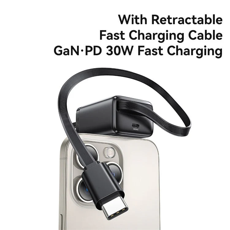 USAMS CC245 30W Fast Wall Charger GaN Power Adapter with Retractable Type-C Cable, UK Plug - Black - Image 2