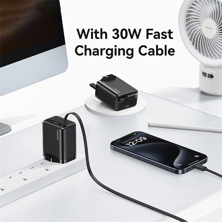 USAMS CC245 30W Fast Wall Charger GaN Power Adapter with Retractable Type-C Cable, UK Plug - Black - Image 3
