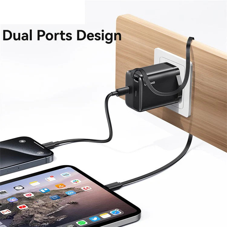 USAMS CC245 30W Fast Wall Charger GaN Power Adapter with Retractable Type-C Cable, UK Plug - Black - Image 6