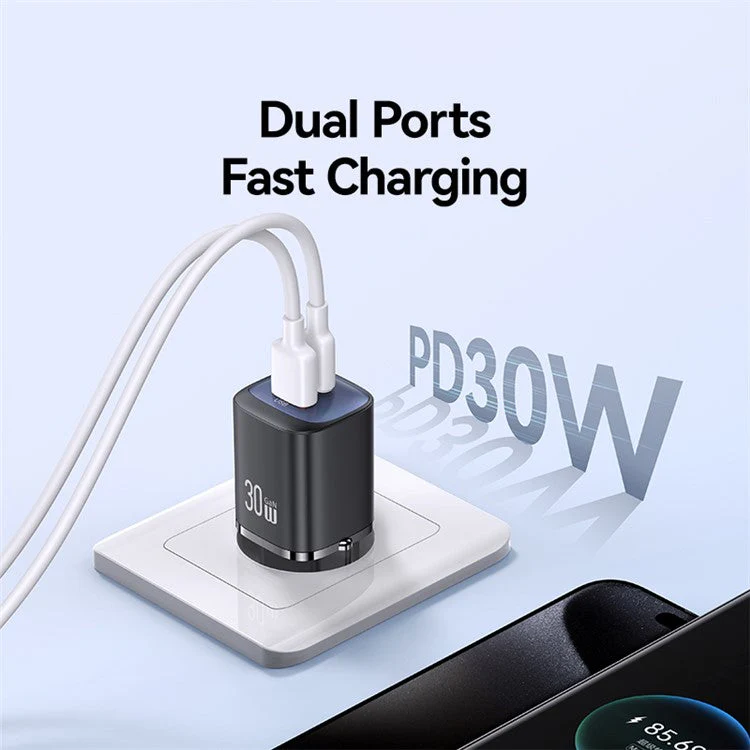 USAMS CC254 30W GaN Charger Type-C + USB-A Compact Quick Charge Wall Adapter, EU Plug - Black - Image 4
