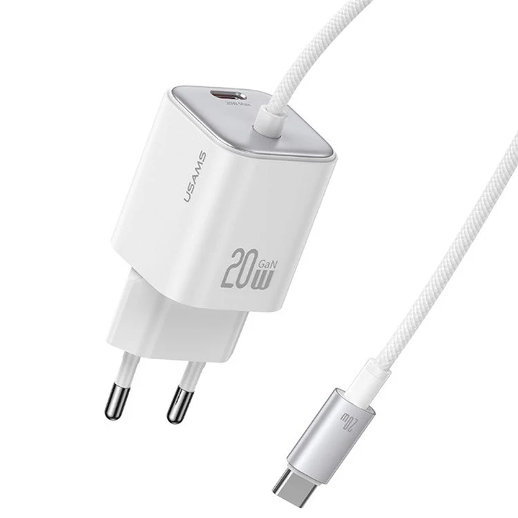 USAMS CC261 GaN Fast Charger Block 20W Dual Port Wall Charger with Type-C Cable, EU Plug - White