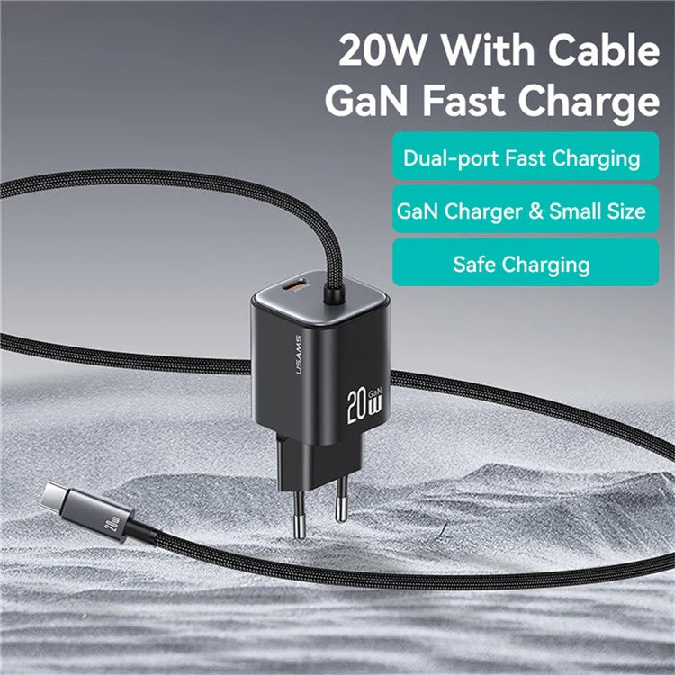 USAMS CC261 GaN Fast Charger Block 20W Dual Port Wall Charger with Type-C Cable, EU Plug - White - Image 3