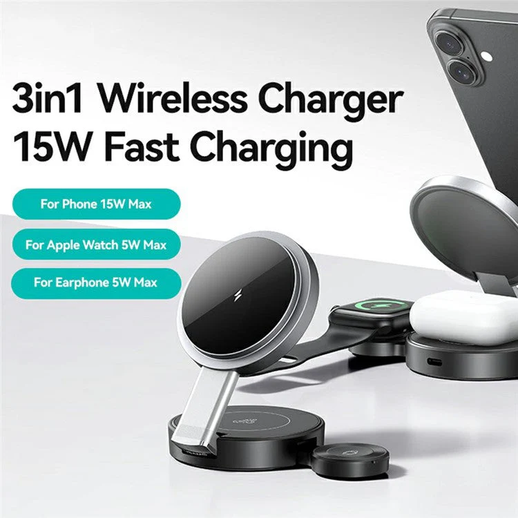 USAMS CD234 Phone / Watch / Earphone 3-in-1 Magnetic Wireless Charger Stand Foldable Fast Charging Dock - Image 3