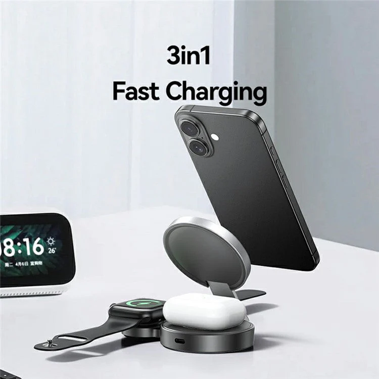 USAMS CD234 Phone / Watch / Earphone 3-in-1 Magnetic Wireless Charger Stand Foldable Fast Charging Dock - Image 4