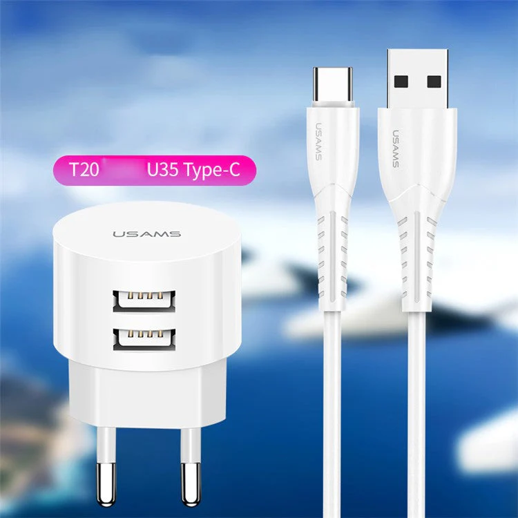 USAMS Dual Ports USB Round Travel Charger + Type-C Data Sync Charging Cable for Huawei Samsung - EU Plug - Image 3