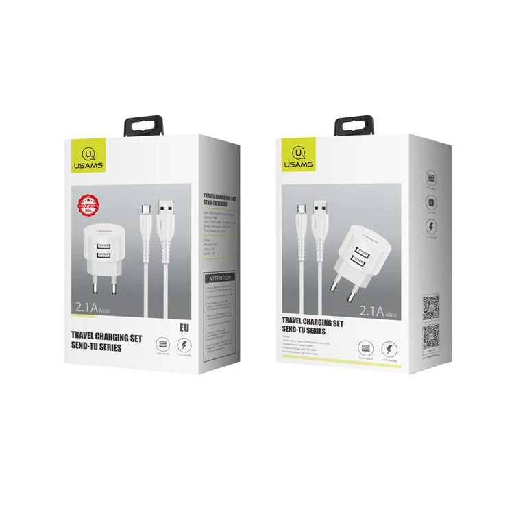 USAMS Dual Ports USB Round Travel Charger + Type-C Data Sync Charging Cable for Huawei Samsung - EU Plug - Image 4
