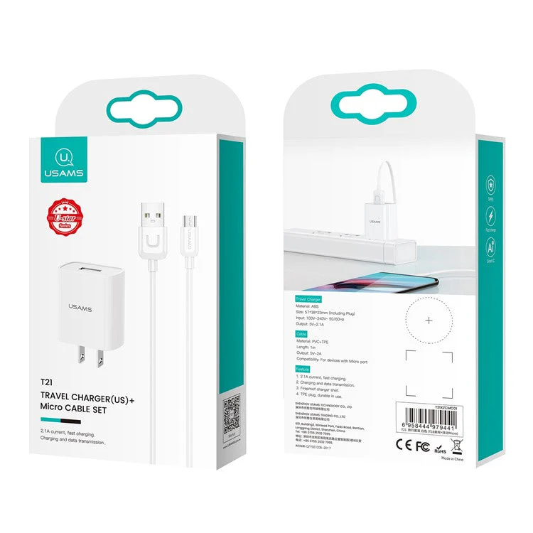 USAMS T21 Single USB Port Travel Wall Charger US Plug Power Adapter with Micro Cable - White - Image 4