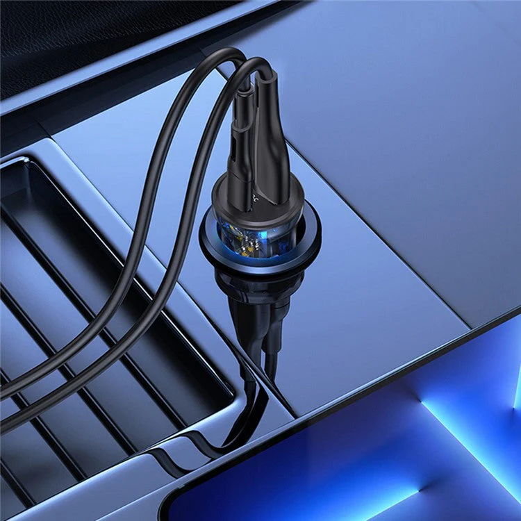 USAMS US-CC164 C32 PD 30W Fast Charger Transparent USB-A + Type-C Mini Car Charger with Blue Backlight - Black - Image 2