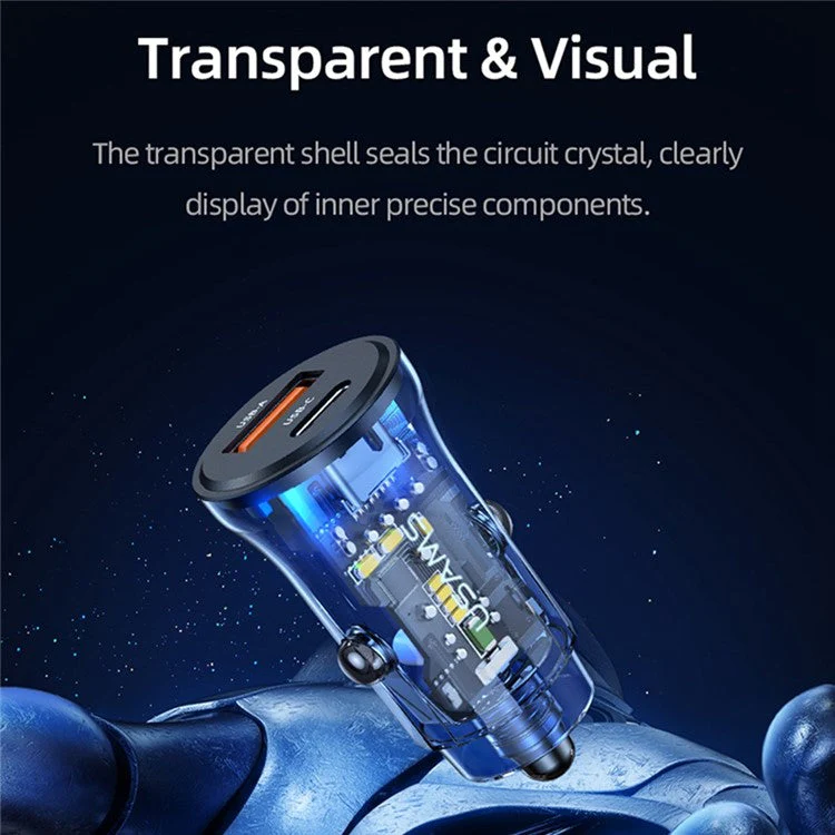 USAMS US-CC164 C32 PD 30W Fast Charger Transparent USB-A + Type-C Mini Car Charger with Blue Backlight - Black - Image 3