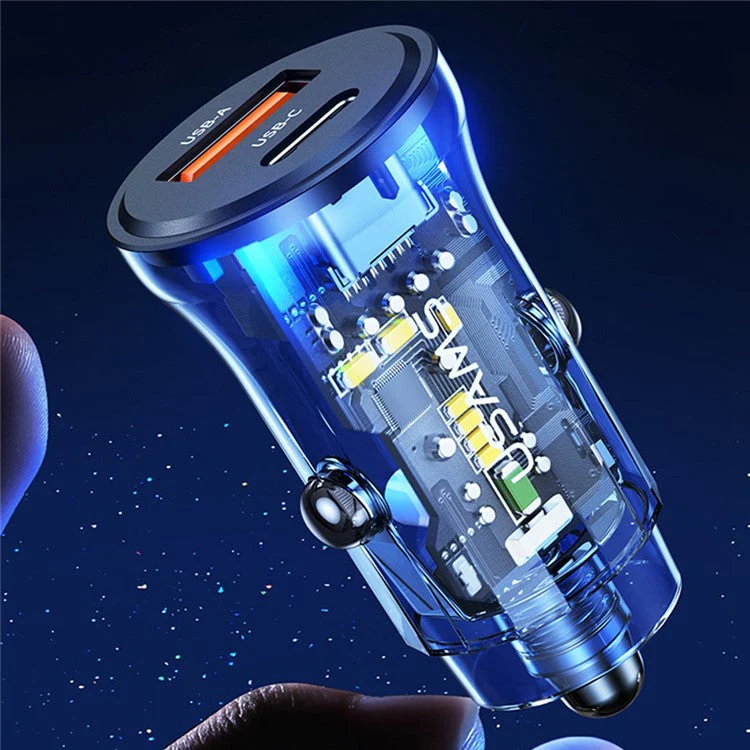 USAMS US-CC164 C32 PD 30W Fast Charger Transparent USB-A + Type-C Mini Car Charger with Blue Backlight - Black - Image 5