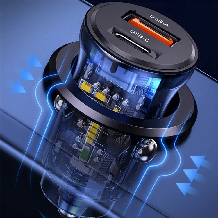 USAMS US-CC164 C32 PD 30W Fast Charger Transparent USB-A + Type-C Mini Car Charger with Blue Backlight - Black - Image 7