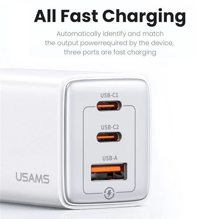 USAMS US-CC180 Sandru Series 65W 3 Ports GaN Fast Charger Block 2USB-C+1USB-A Wall Charger, EU Plug - Black - Image 2