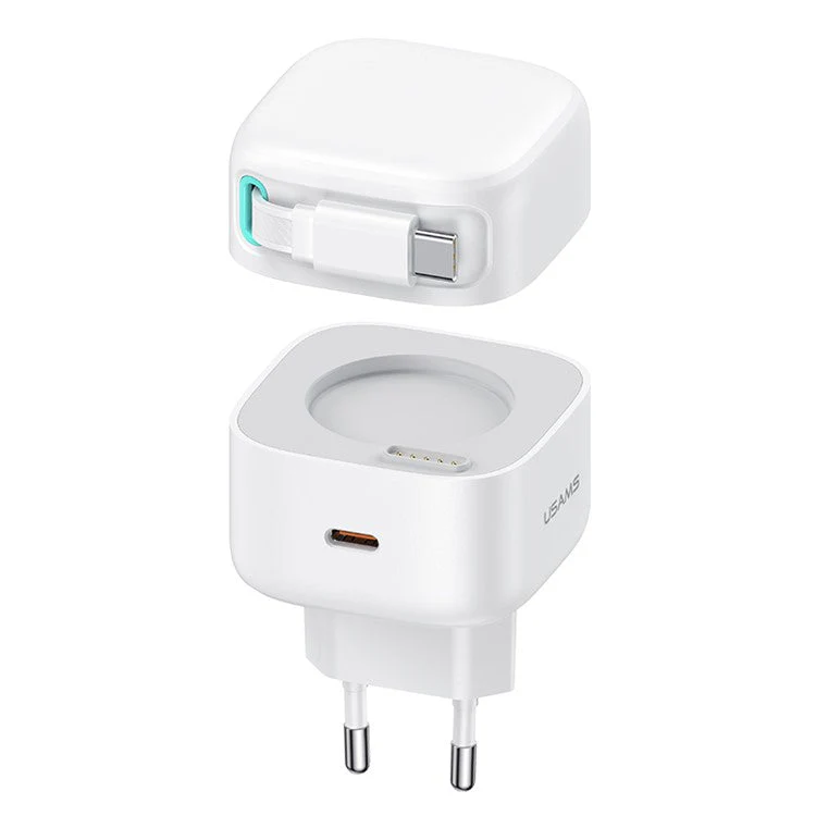USAMS US-CC202 XMF Series PD 35W Type-C GaN Charger Magnetic Fast Charging Adapter with Retractable Type-C Cable, EU Plug - White