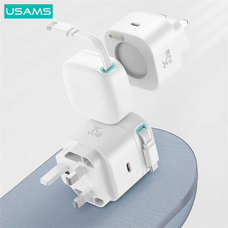 USAMS US-CC204 XMF Series PD 35W Dual Output GaN Fast Charger with Type-C Magnetic Retractable Cable Module, UK Plug - Black - Image 2