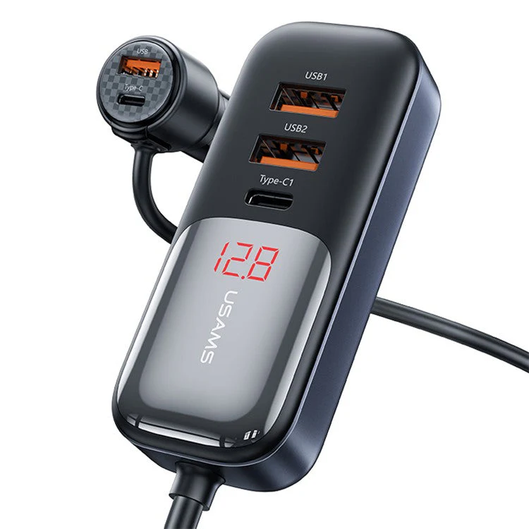 USAMS US-CC213 C40 165W Quick Charging Adapter Digital Display 2*Type-C 3*USB Car Charger with Cable - Image 2