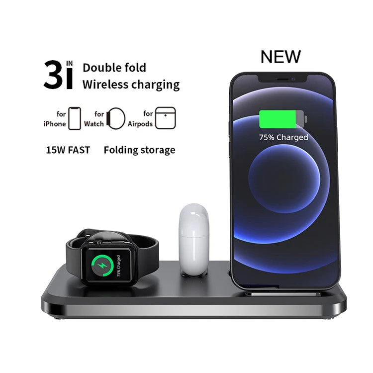 UV-06 3-in-1 15W Wireless Charger Foldable Qi Fast Charging Stand Dock for iPhone Samsung iWatch AirPods - Image 3