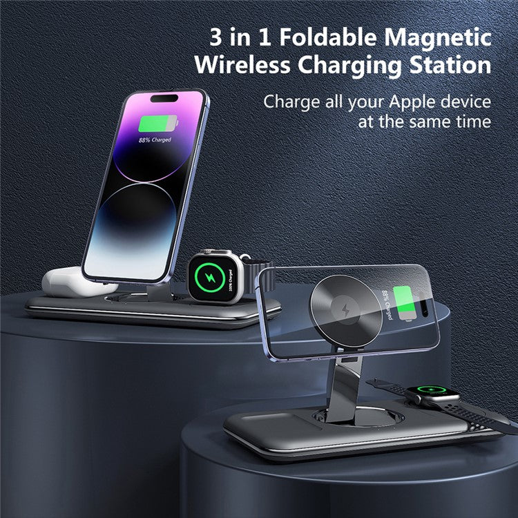 V18 3-in-1 Magnetic Wireless Charger Compatible with MagSafe Folding Cell Phone Charging Stand for Earbuds, Smart Watch - Black - Image 3