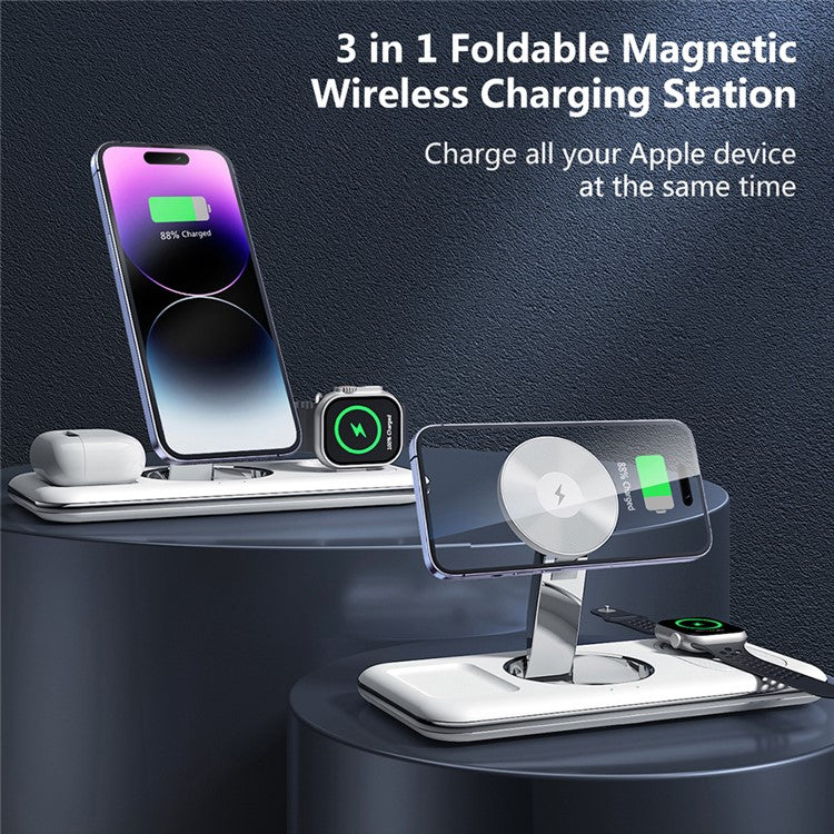 V18 3-in-1 Magnetic Wireless Charger Compatible with MagSafe Folding Cell Phone Charging Stand for Earbuds, Smart Watch - White - Image 3