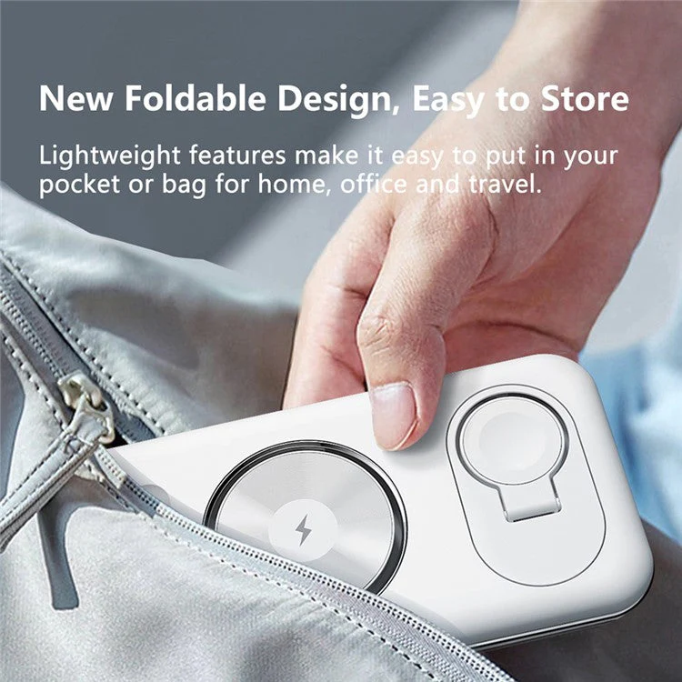 V18 3-in-1 Magnetic Wireless Charger Compatible with MagSafe Folding Cell Phone Charging Stand for Earbuds, Smart Watch - White - Image 4