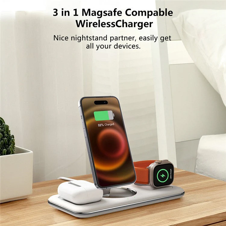 V18 3-in-1 Magnetic Wireless Charger Compatible with MagSafe Folding Cell Phone Charging Stand for Earbuds, Smart Watch - White - Image 7