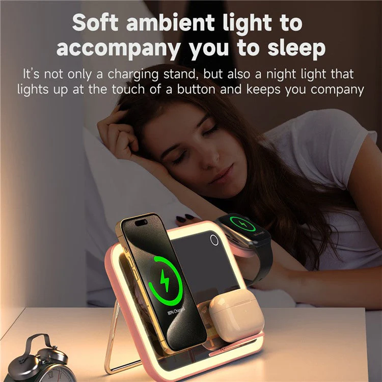 V22 3-in-1 Compatible with MagSafe Wireless Charger with LED Makeup Mirror and Night Light - Pink - Image 7