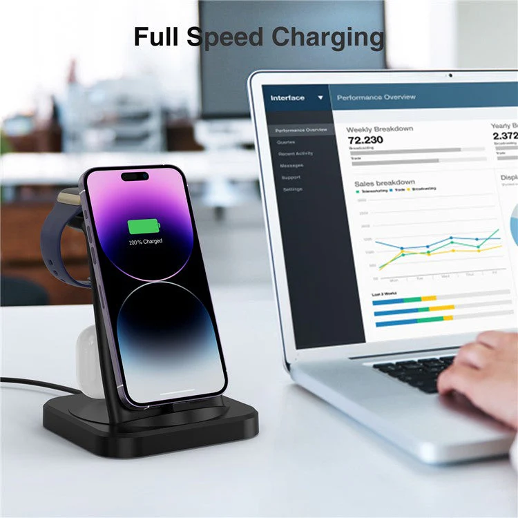 W-06 4-in-1 Wired Charger for iPhone 5-14 Series Cell Phone Headset, Smartwatch Wireless Charger Stand - Black - Image 7