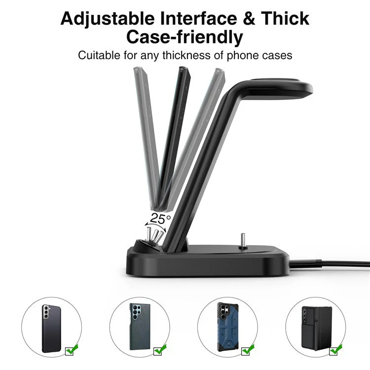 W-07 4-in-1 Wireless Charger for Samsung Galaxy S10 / S9 / Galaxy Watch Active / Active2 / Watch3 / 4 / 5 Series Charging Station - Black - Image 4