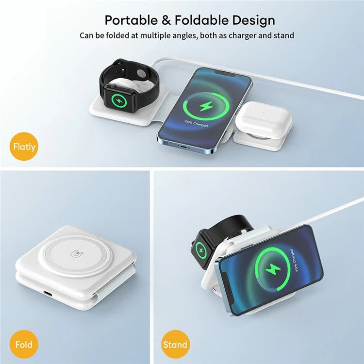 W-126 3 In 1 Wireless Magnetic Charging Station Phone Charging Pad Foldable Watch Earphone Charger - White - Image 3