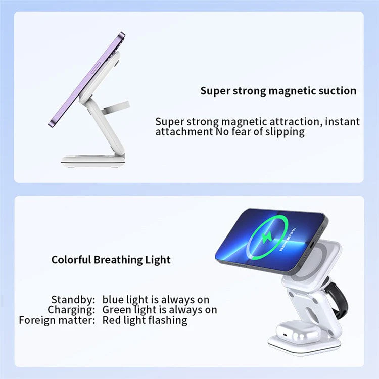 W02 3 in 1 Foldable Magnetic Wireless Charger Dock Travel Wireless Charging Station Pad - Image 6
