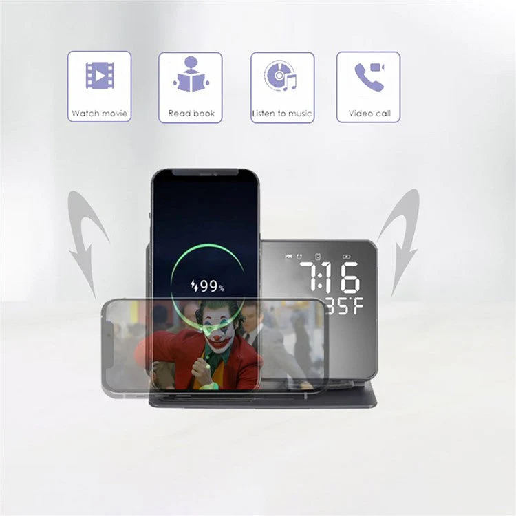 W669B Digital Alarm Clock 2-in-1 15W Wireless Charger Station Bedroom Mirror Clock for iWatch / Smartphone / Earphones - Image 5