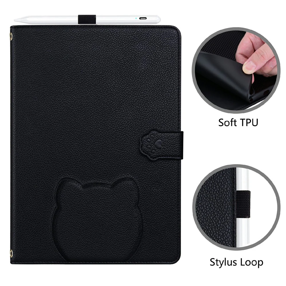 Wallet Case for Lenovo Xiaoxin Pad 2025 / Tab K11 Gen 2 / M11 Leather Stand Table Cover with Stylus Holder, 3D Effect Cat Pattern - Black - Image 6