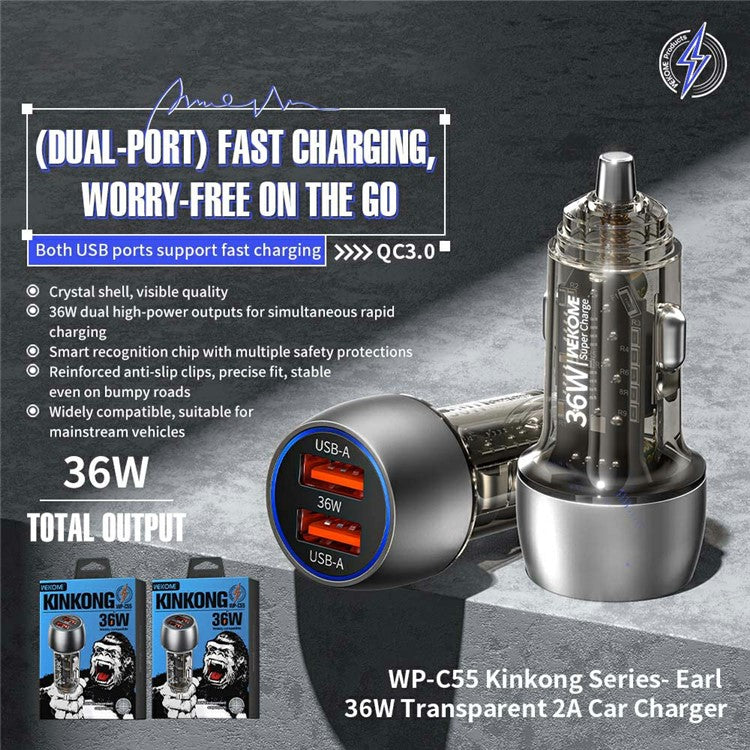 WEKOME WP-C55 Car Charger 36W Dual USB Fast Charging Aluminum Alloy Transparent Adapter - Black - Image 2