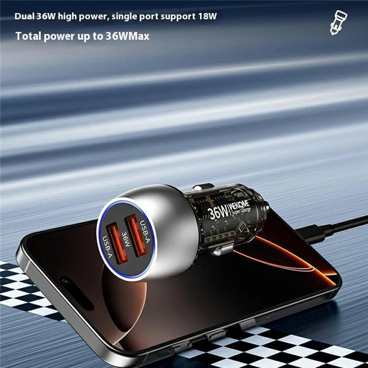 WEKOME WP-C55 Car Charger 36W Dual USB Fast Charging Aluminum Alloy Transparent Adapter - Black - Image 4