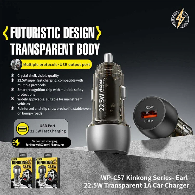 WEKOME WP-C57 Car Charger 22.5W Single USB-A Port Fast Charging Aluminum Alloy Transparent Adapter - Black - Image 2