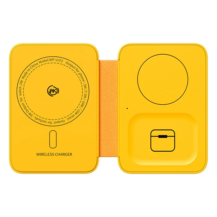 WEKOME WP-U172 Magnetic 3-in-1 15W Wireless Charging Holder Phone Earphone Watch Charger with Mirror - Yellow