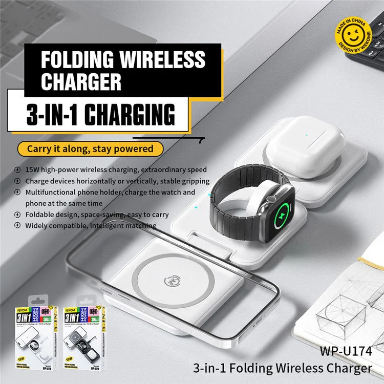WEKOME WP-U174 3-in-1 15W Foldable Wireless Charger Phone Watch Earphone Charging Dock - Black - Image 8
