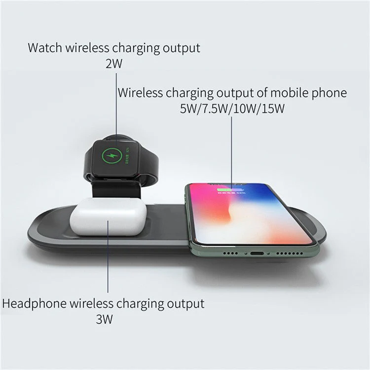 Wireless Charger for iPhone / AirPods / Apple Watch, Charging Station Stand 3-In-1 Charging Pad - Black - Image 2