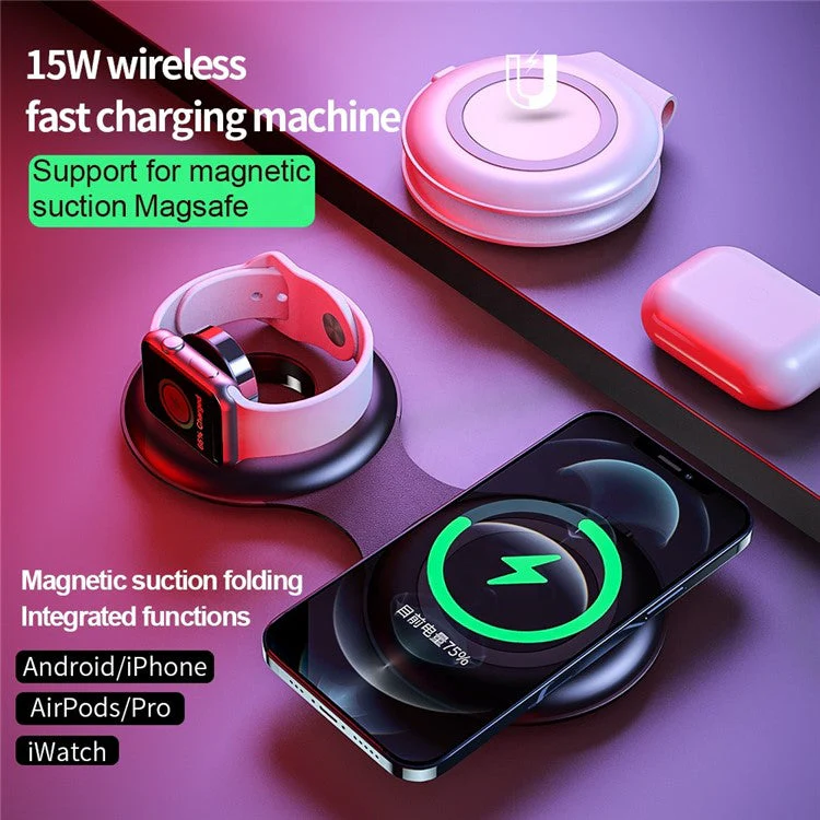 WS40 15W 3 in 1 Multi-functional Folding Wireless Fast Charger with Magnetic Adsorption - Black - Image 5